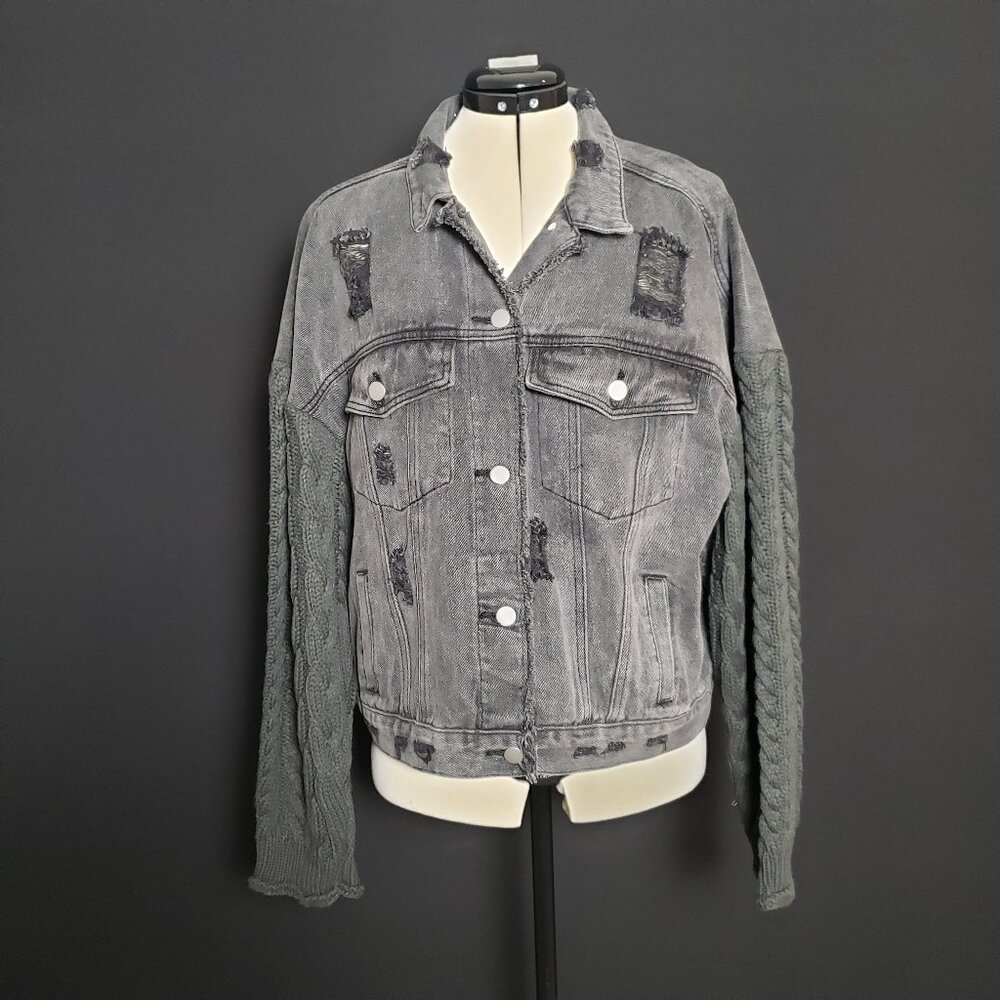 POL Black Denim Sweater Jacket Distressed Button Down Retro Gift Ready Med